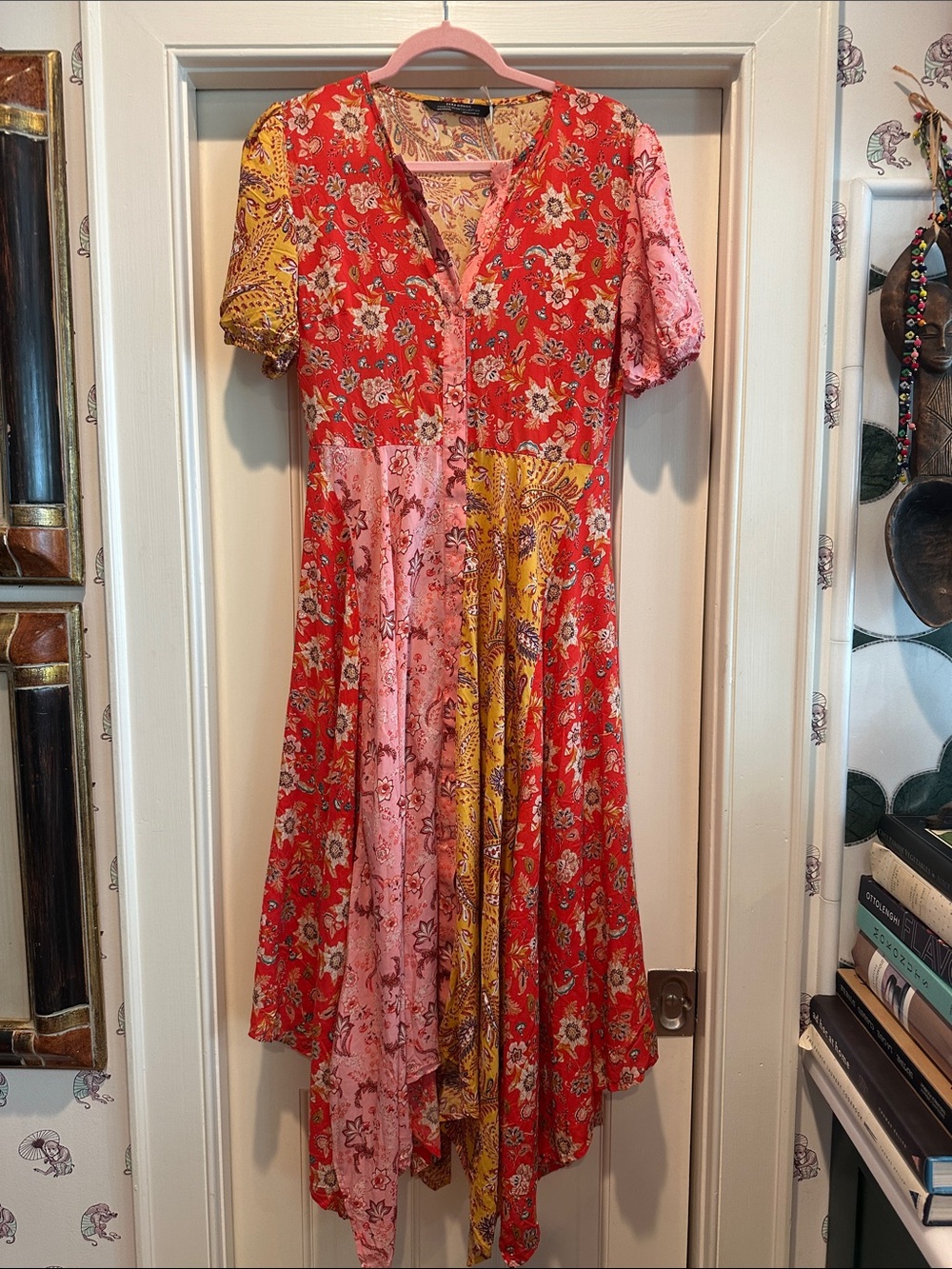 Floral Patchwork V-Neck Midi Dress in Red, Pink & Yellow